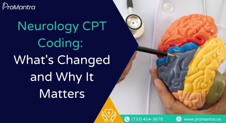 Neurology CPT coding guide banner showing a doctor pointing at a colorful brain model with stethoscope, representing CPT code changes for neurology billing