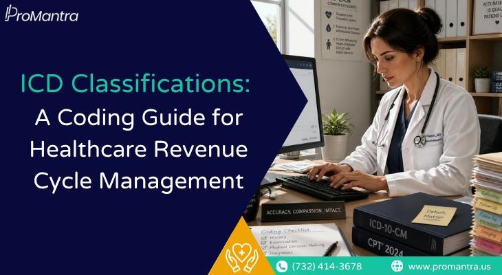 ICD classifications guide banner showing a doctor reviewing coding references for healthcare revenue cycle management