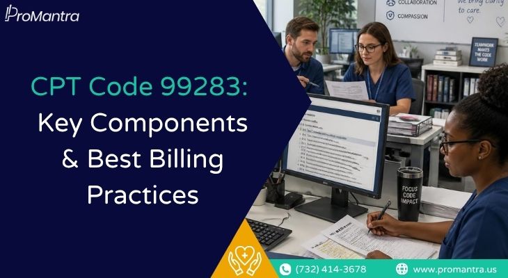 Healthcare billing team reviewing CPT code 99283 documentation for emergency department claims