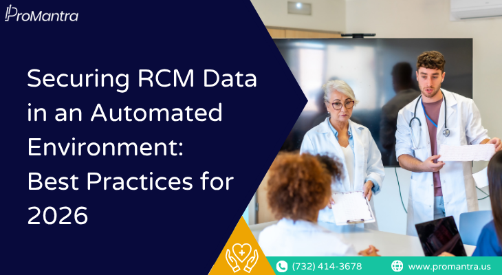 Illustration of a locked shield over an automated RCM workflow representing data security in healthcare revenue cycle management