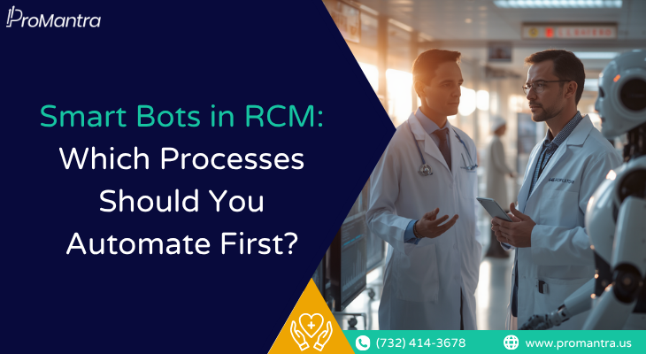 Two healthcare professionals in white coats consult with an AI robot in a hospital corridor highlighting smart bots in RCM automation.