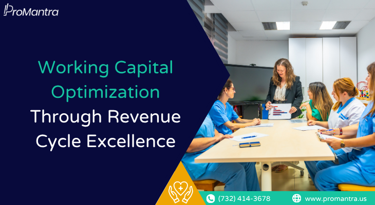Healthcare finance team reviewing revenue cycle performance data in a clinical meeting room.