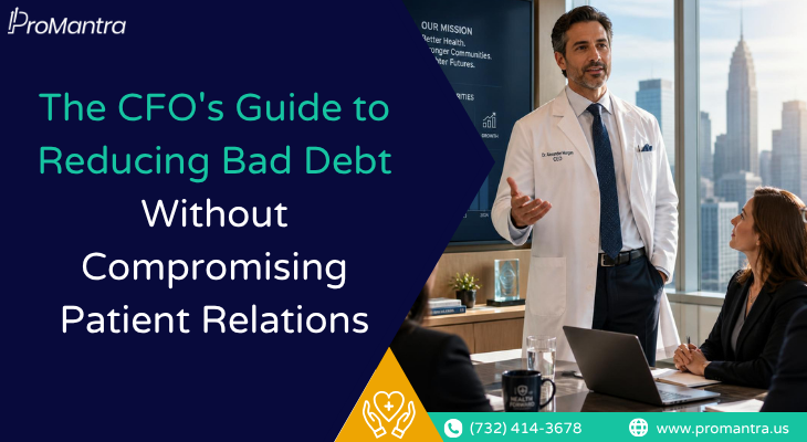 A doctor discusses reducing bad debt in healthcare with a finance team in a city office.
