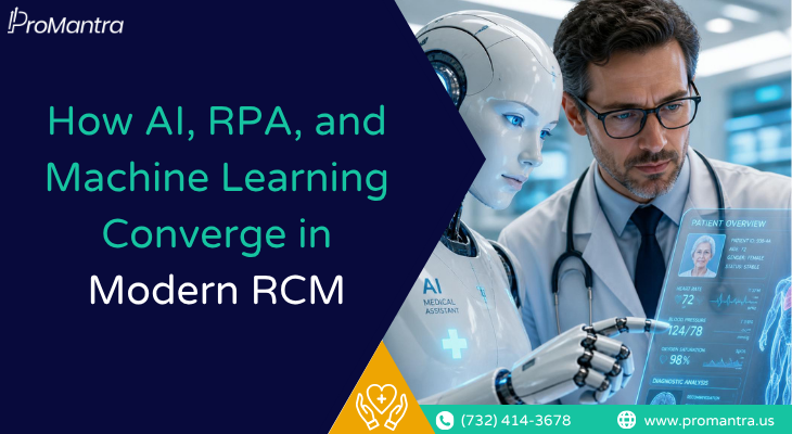 A doctor reviews patient data beside an AI medical assistant representing AI RPA and machine learning in RCM.