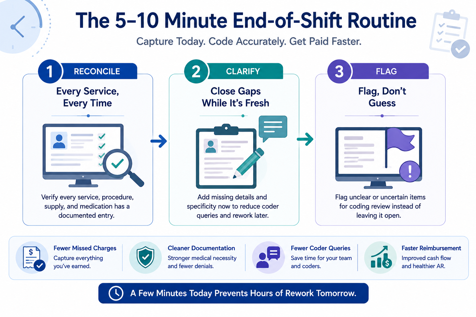 End-of-shift charge capture documentation routine for accurate medical billing