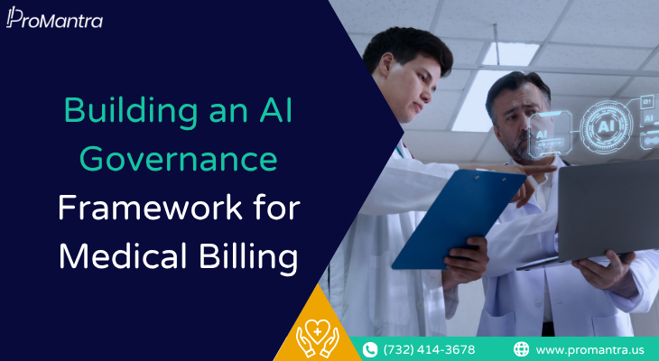 Two physicians reviewing clipboard and laptop data with AI icons representing AI governance framework for medical billing