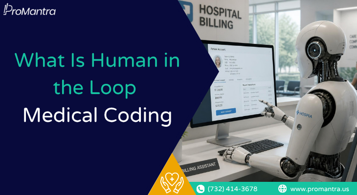 Robot assistant reviewing patient account and billing data on screen representing human in the loop medical coding