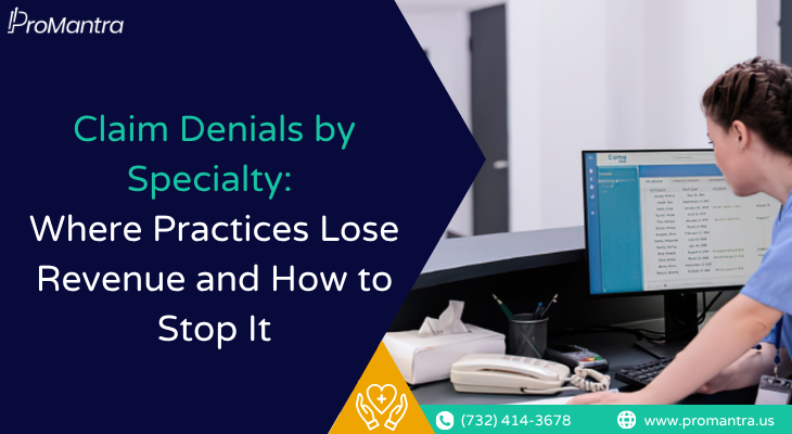 Staff member analyzing billing records to track claim denials by specialty