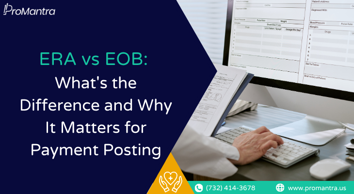 ERA vs EOB illustrated by doctor reviewing billing documents at computer