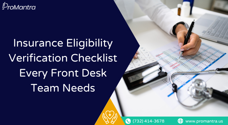 Insurance eligibility verification checklist illustrated by doctor calculating patient billing data