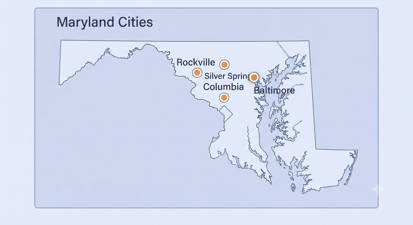 Medical billing services in Maryland map showing Baltimore, Rockville, Silver Spring and Columbia